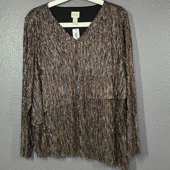 Chico’s Top Size 3P Petite Gold Metallic Crinkle Layered Ruffle Long Sleeve NEW - Picture 2 of 7